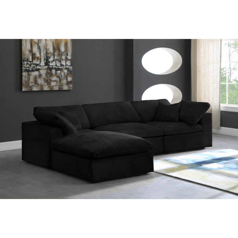 Canapé modulaire en velours et chaise longue avec repose-pieds de 119 po, Velours noir