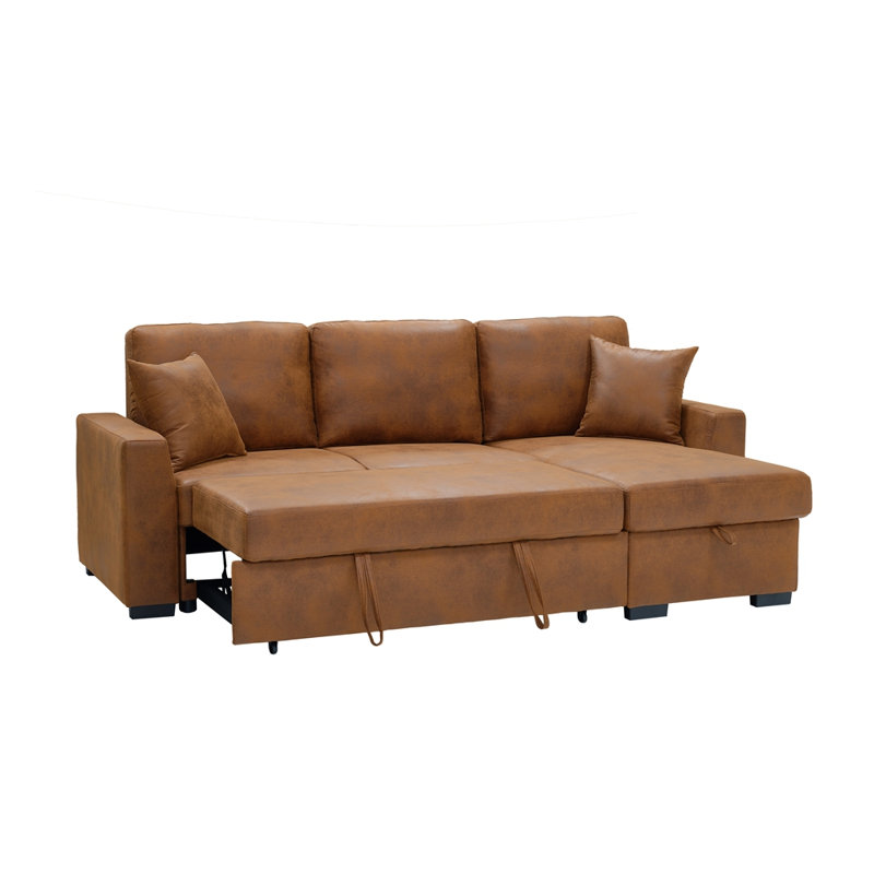 94" Faux Leather Like Upholstered Sectional with Pull-Out Bed and Chaise Storage, Brown Faux Leather