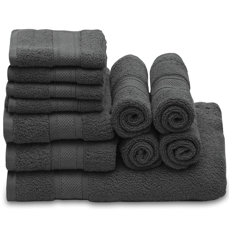 Kimmarie 11 Piece Cotton Towel Set, Bath Towel 27x54", 2 Hand Towels 16x28" and 8 Wash Cloths 12x12", Black