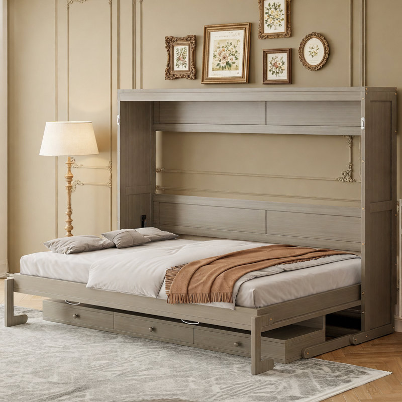 Grand lit escamotable mural avec rangement, armoire-lit pliable avec coiffeuse, miroir central et 2 tiroirs latéraux, gris vieilli