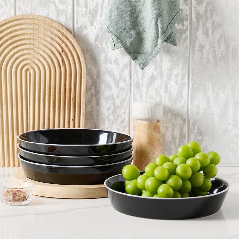  Ensemble de bols à pâtes 4 pièces en grès, Noir avec bordure blanche