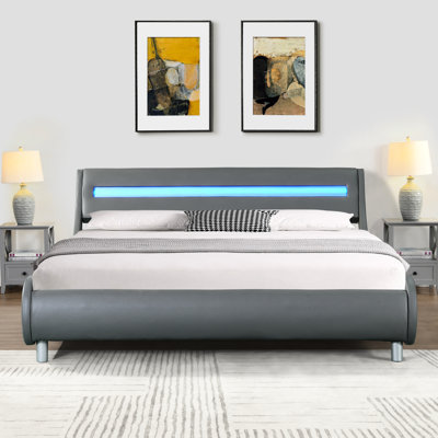 Led Lit Faux Leather Upholstered Bed Frame, Queen, Grey, Curve Design, Wood Slat Support, Easy To Setup, No Box Spring Needed Grey With Lights, Remote Control, Queen Size, Put Together,