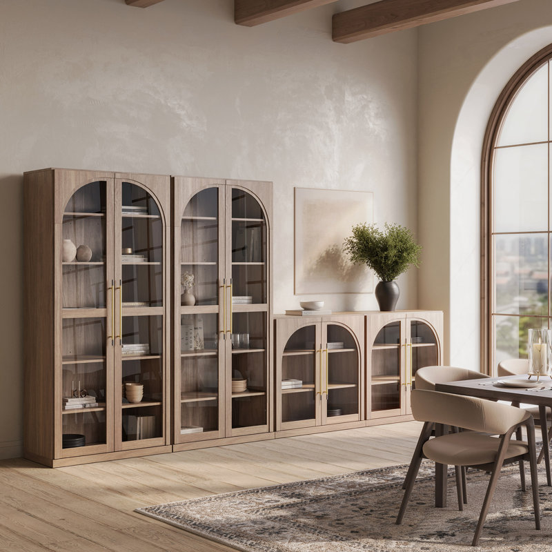Set of 2 67" Storage Cabinet, 6 Shelf Glass Bookshelf, Camel, Camel