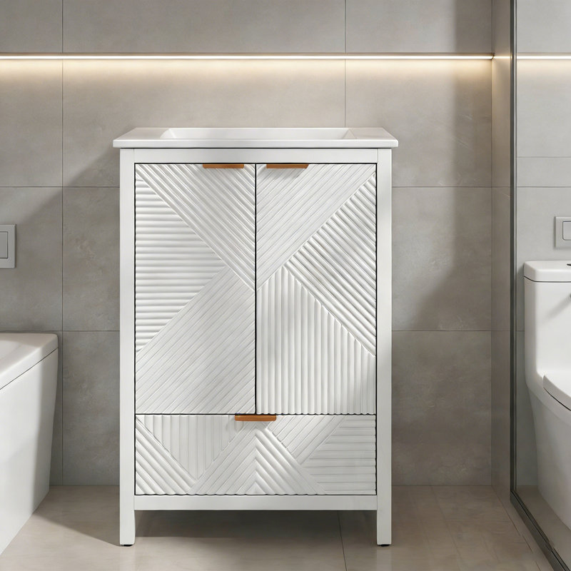 Meuble-lavabo avec lavabo, 2 portes texturées et un tiroir, Blanc