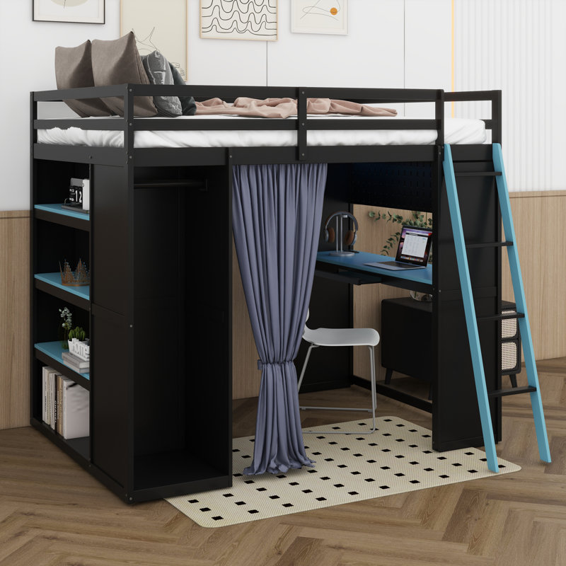 Full Size Wood Loft Bed With Desk, All-In-One Loft Bed With Wardrobe, Shelves, Blackout Curtains And RGB Lights, Black/Blue