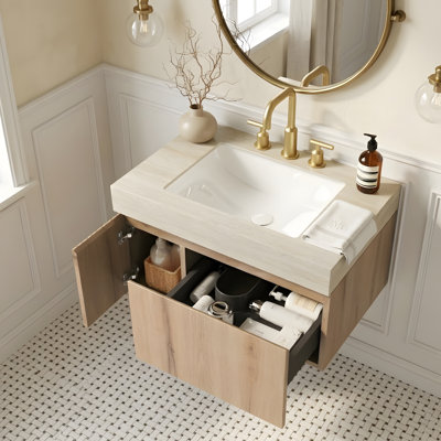 Meuble-lavabo 30 po, meuble de rangement flottant en contreplaqué avec tiroir et porte, comptoir en pierre frittée Roma Travertine et lavabo en céramique avec 3 trous de robinet pré-percés, pré-assemblé, grain de bois de chêne blanc
