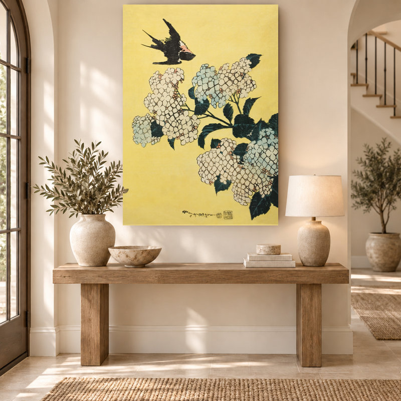 Art mural rétro sur toile, hortensia et oiseau, H 24 po x l 16 po