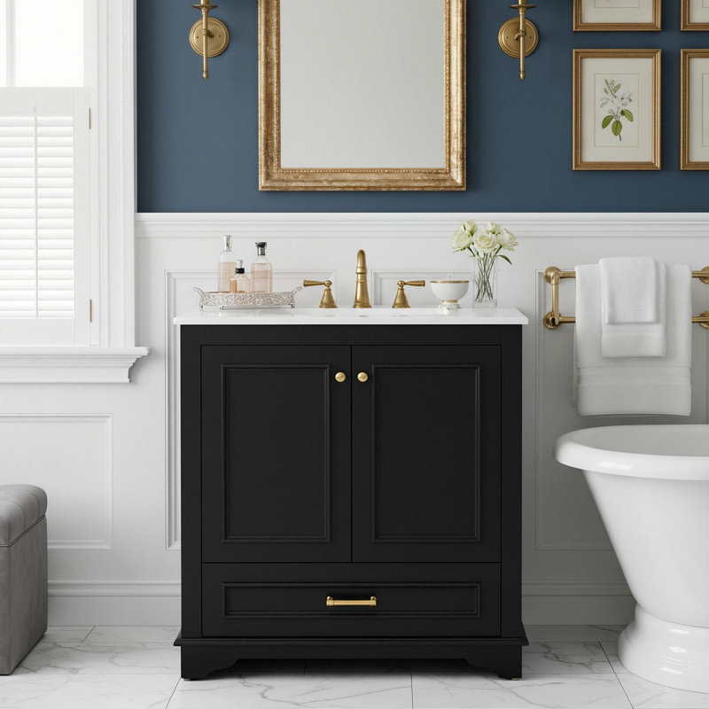 Meuble-lavabo simple moderne de 30 pouces avec lavabo en céramique intégré avec 2 portes et tiroirs à fermeture en douceur et tablette réglable