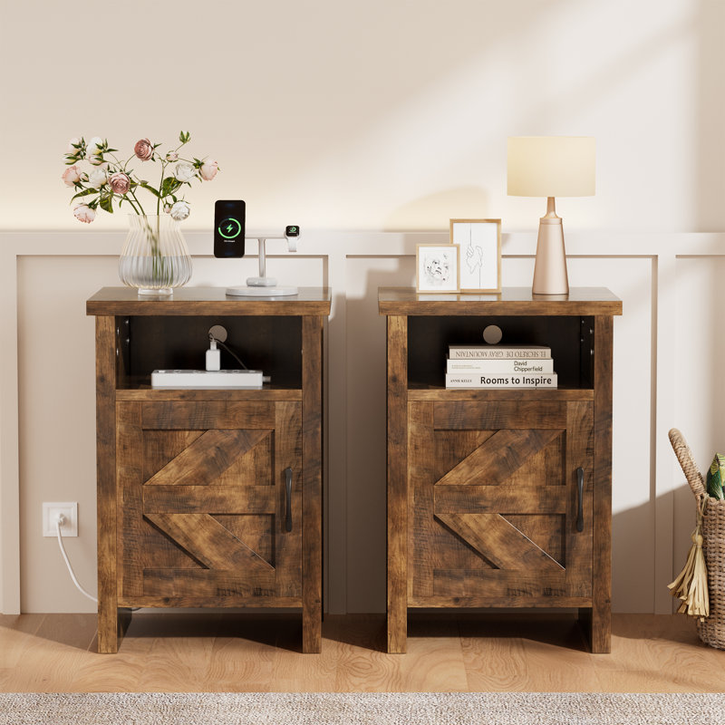 Farmhouse Modern Nightstand with Shelf and Barn Door, Light Brown, Set of 2