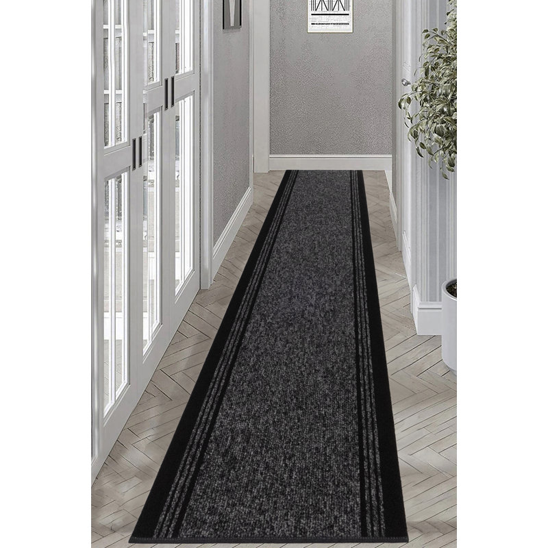 Tapis intérieur / extérieur en polypropylène touffeté à la machine géométrique gris anthracite, Rectangle 2 pi 6 po x 4 pi