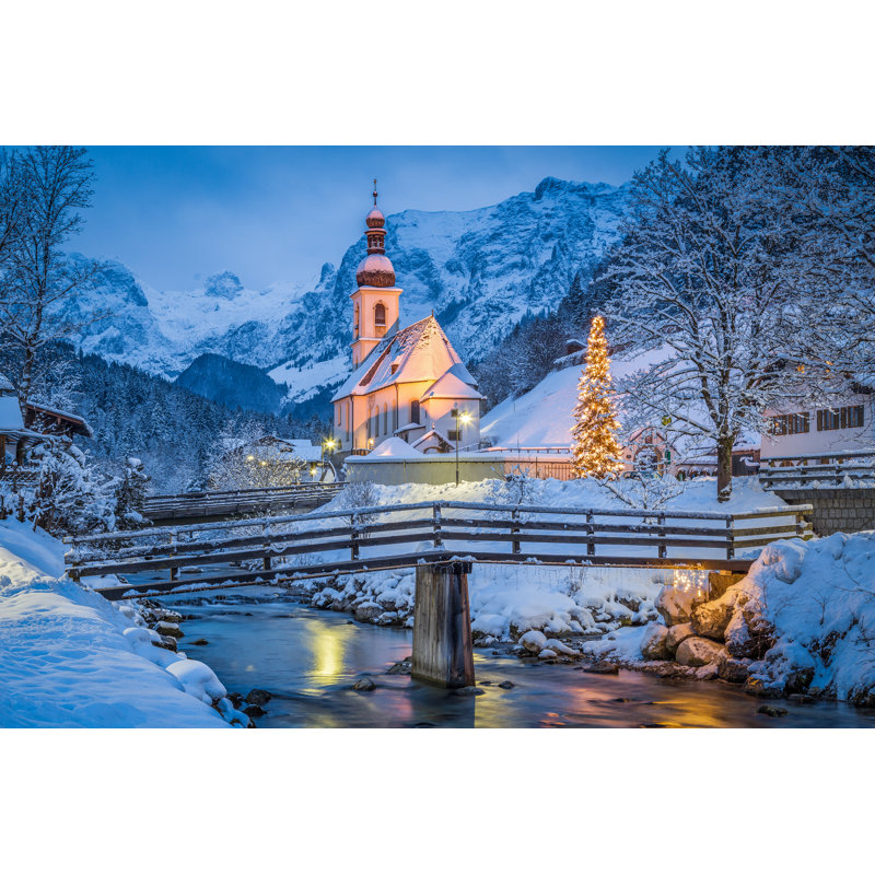 Church Of Ramsau In Winter Twilight, Bavaria, Germany - Wrapped Canvas Print, 51cm H x 76cm W, Light Blue/Gold