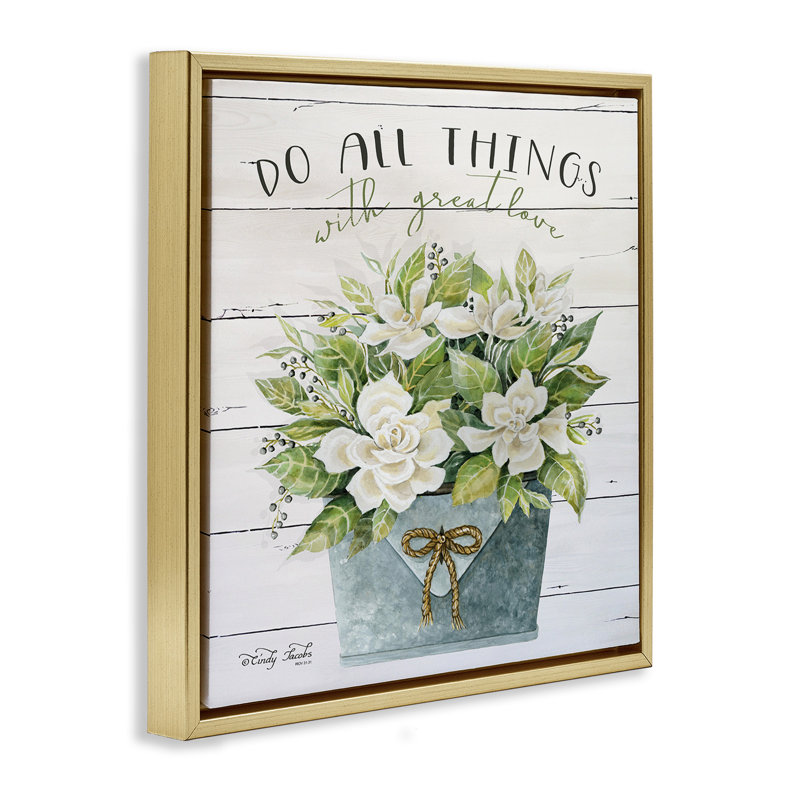 «All Things With Love», art mural encadré sur toile Magnolia par Cindy Jacobs fwp-213, Cadre flottant métallique doré