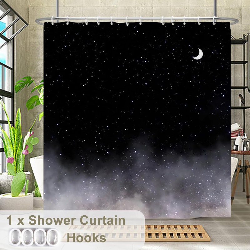 Pack of 1 Starry Sky Moonlit Night Minimalist Fabric Bath Curtain with Hooks, 152.4cm H x 182.88cm W