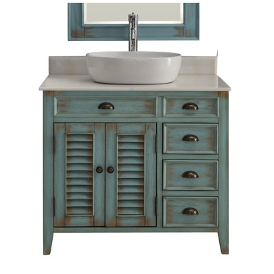 Meuble-lavabo sur pied Benton Collection Abbeville de style ferme, 91 cm (36 pouces), bleu vieilli, lavabo simple, dessus en marbre, entièrement assemblé