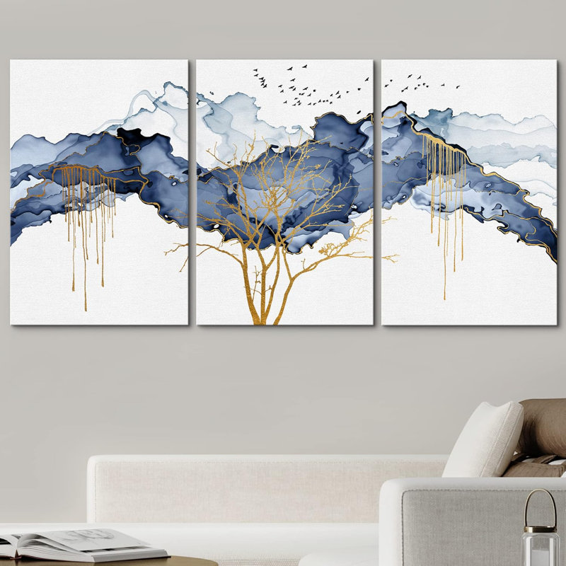Abstrait, paysage abstrait, peinture pastel bleue, nuage, oiseaux, arbre d'or, illustrations abstraites, art moderne, paysage rustique
