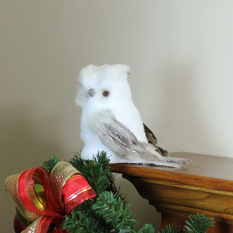 Décoration de table en forme de hibou de Noël 7,25 po blanc et gris