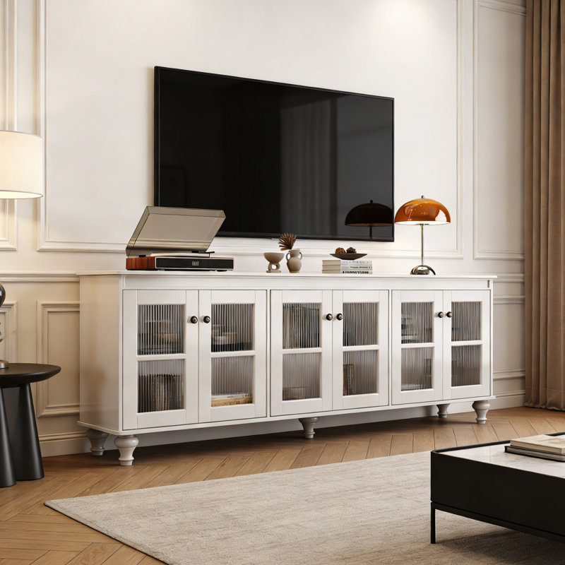 Meuble télé simple en verre rétro, H 28,34 po x L 70,86 po x l 15,74 po, Blanc