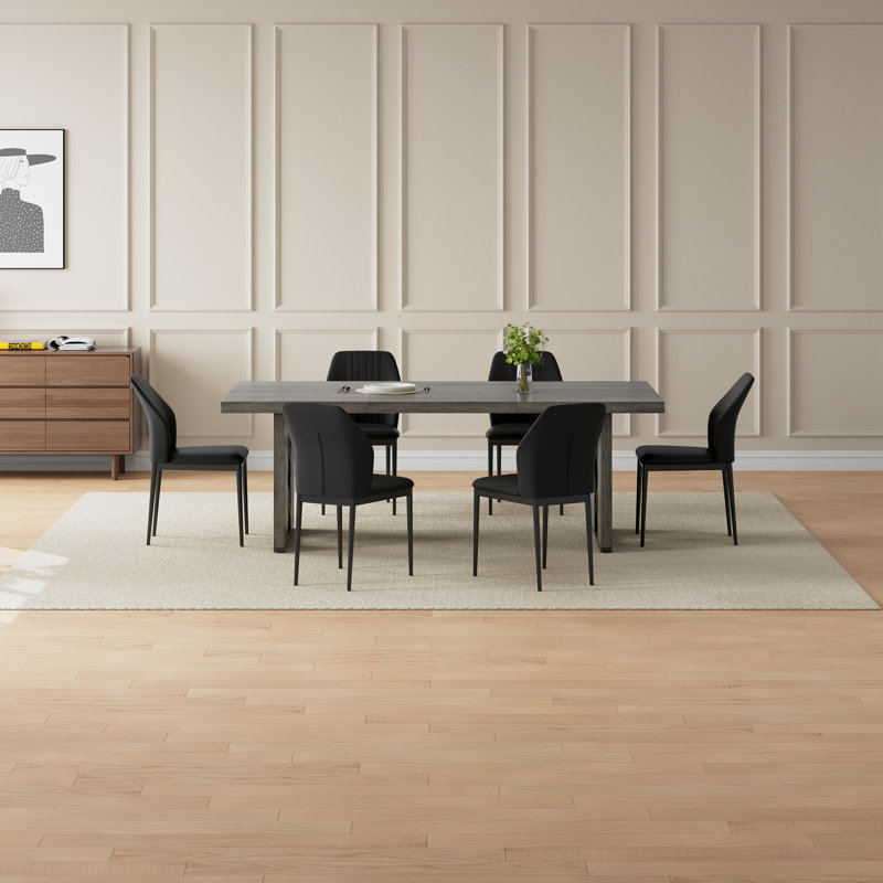 7 Piece Dining Table Set For 6-8 People,Rectangle Kitchen Table With Chairs For Dining Room, Black, Gray