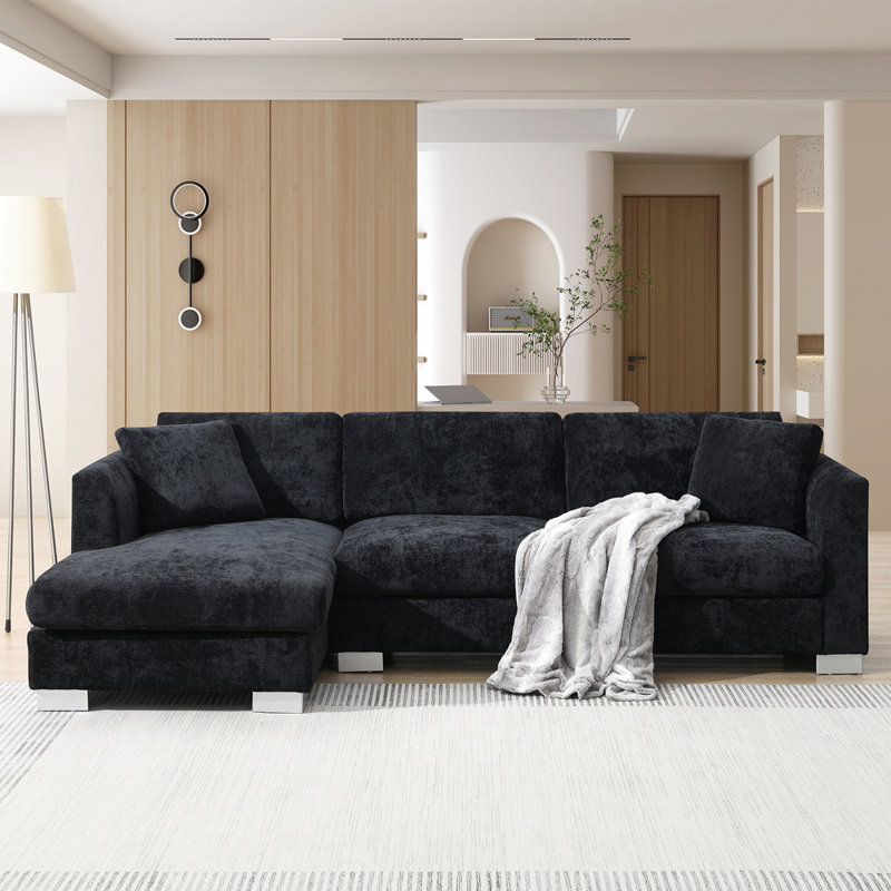 Mobilier d'intérieur en chenille 4 places avec méridienne surdimensionnée, Chenille noir