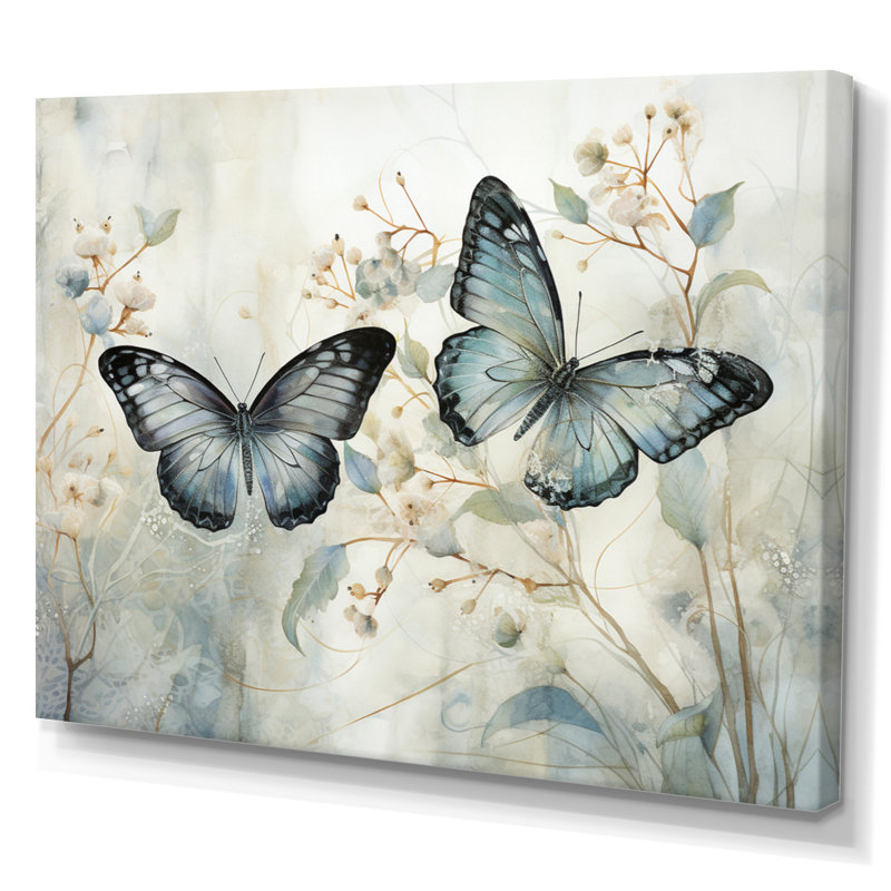 «Blue Beige Butterfly Wings Of Serenity», art sur toile papillon, H 30 po x l 40 po, Toile tendue, Sans cadre