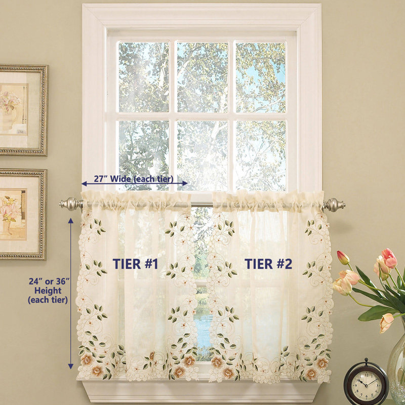 Cream Floral Embroidered Semi-Sheer Kitchen Tier Curtains