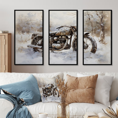 Vieux vélo rustique en hiver - ensemble d'art mural en toile de moto