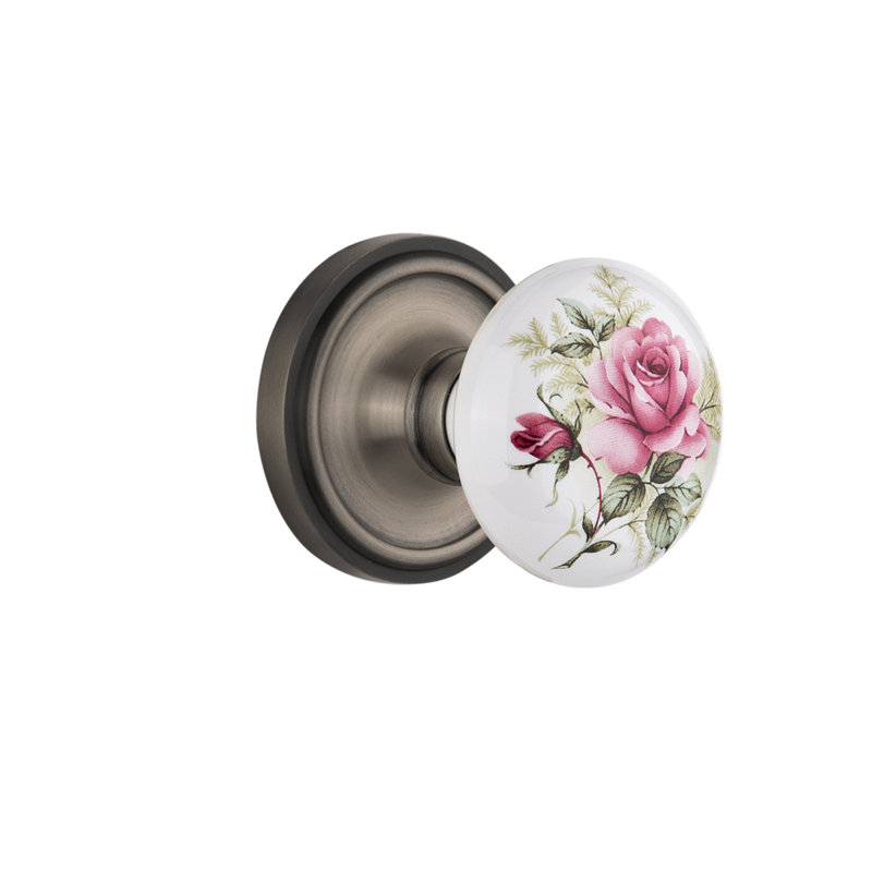 Classic Rosette with White Rose Porcelain Door Knob, Antique Pewter, 2-3/4"