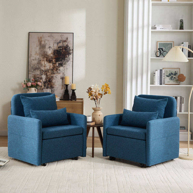  87'L 3-In-1 Convertible Chair Linen Sleeper with Adjustable Backrest and Storage Bag Set Of 2, Blue Linen