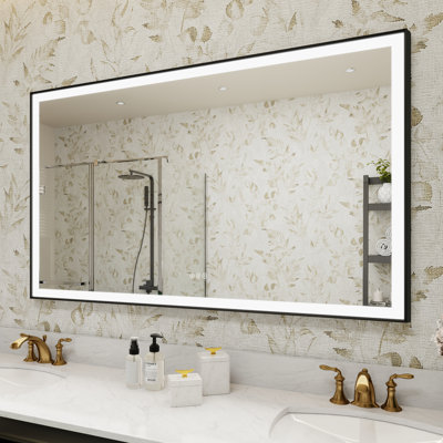 LED Lighted Dimmable Tempered Glass Bathroom Vanity Mirror With Black Aluminum Framed