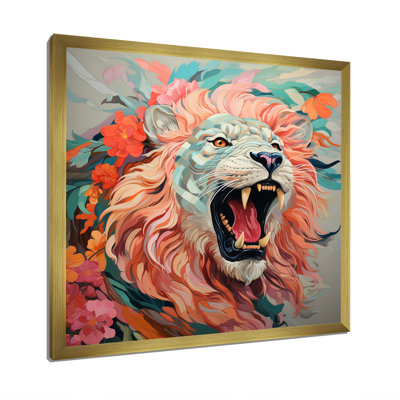 Rose et gris lion rugissant - décoration murale animal lion