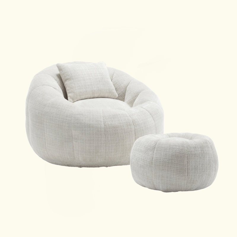 Modern Bean Bag Chairs, Comfy Round Chair For Adults With Ottoman, Leisure Single Sofa Reading Chair With Pillow For Living Room, Bedroom, Apartment