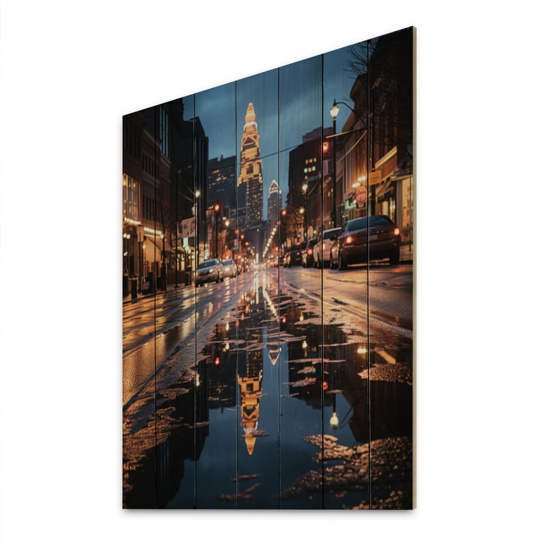 Charlotte, paysage urbain de nuit IV sur bois, H 32 po x l 24 po x P 0,78 po