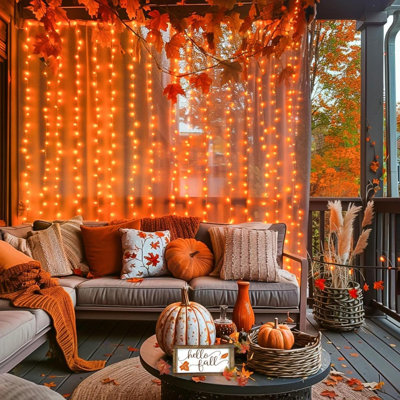 300 lumières de rideau d'Halloween 300LED avec télécommande, 8 modes guirlandes lumineuses suspendues orange à brancher pour une fête d'automne, décoration d'Halloween, 9,8 x 9,8 pi