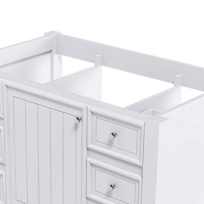 Meuble-lavabo de 36 pouces, sans lavabo, avec une armoire et trois tiroirs, cadre en bois massif et panneau de fibres à densité moyenne, en blanc