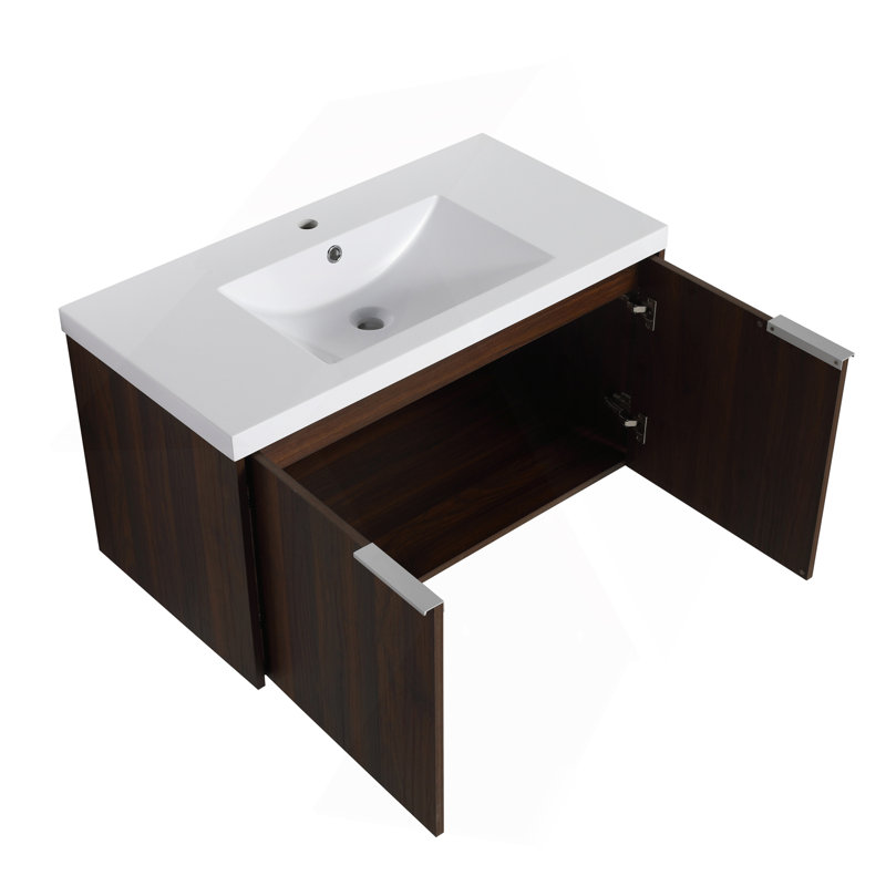 Meuble-lavabo à fixation flottante 36 po avec porte à fermeture en douceur et 2 portes Modern Design, Noyer