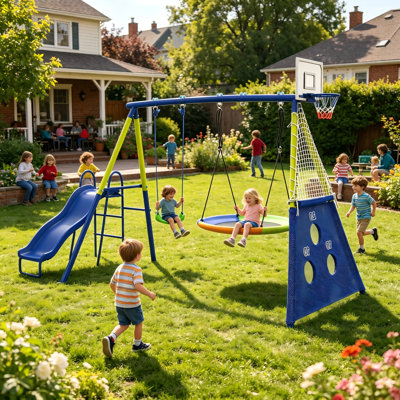 SUMIJ 5-in-1 Metal Kids Swing Set, Heavy Duty Outdoor A-Frame Swing Stand for Playground – Backyard Fun