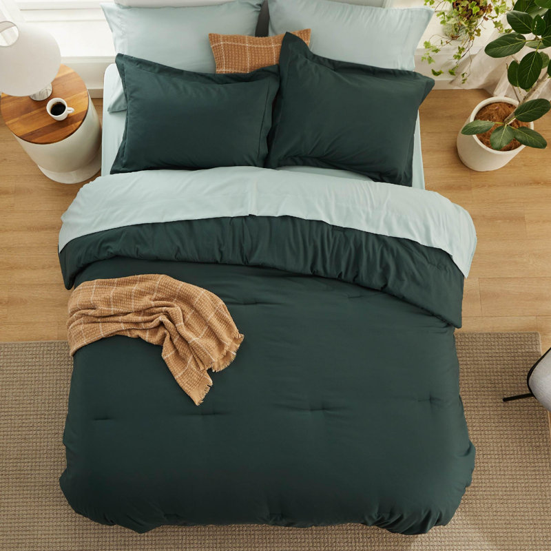 Ensemble d'édredon pour lit double - ensemble de literie 7 pièces vert forêt pour toutes les saisons, lit de style bohème contrastant dans un sac avec édredon, draps, taies d'oreiller et taies décoratives