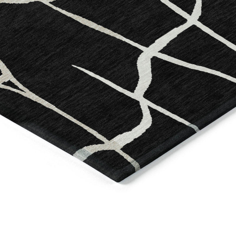 10' X 14' Black Abstract Washable Indoor Outdoor Area Rug