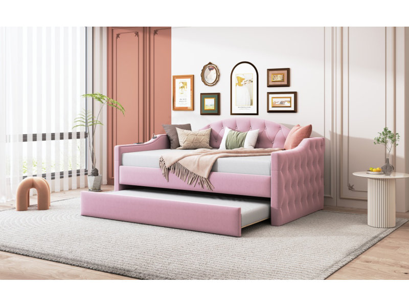 Lit de jour simple rembourré capitonné avec couchette, canapé-lit en velours avec ports USB et ports de charge de type C, aucun sommier nécessaire