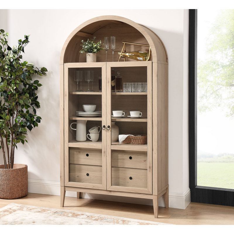 Nolan Light Oak Tall Arched Storage Display Cabinet with Glass Doors