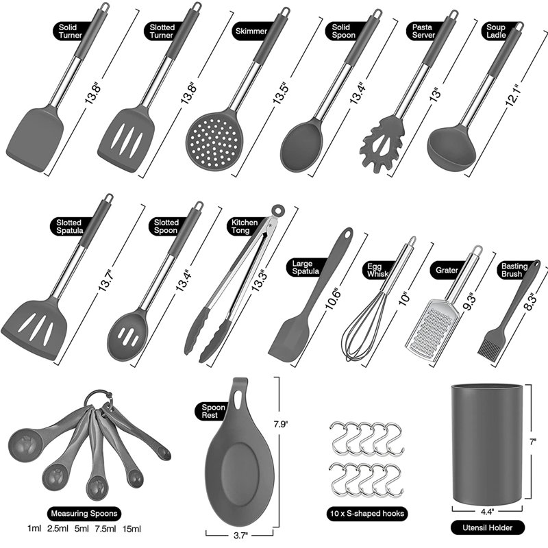 Ensemble d'ustensiles de cuisine en silicone, ensemble d'ustensiles de cuisine en acier inoxydable, résistant à la chaleur antiadhésif, gris