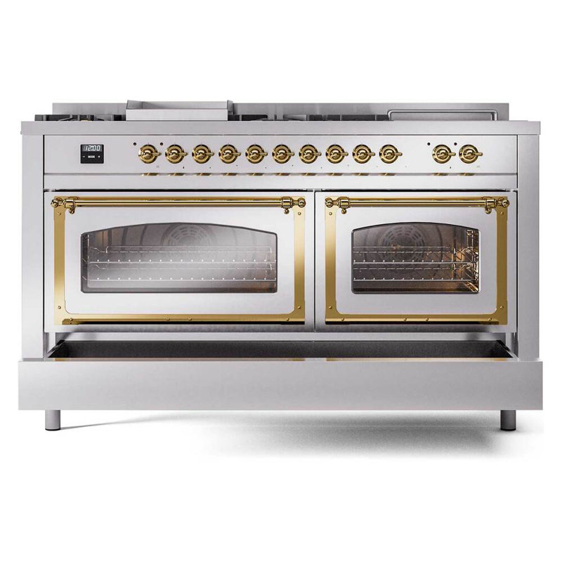ILVE Nostalgie II Noblesse 60 in Dual Fuel Range 7 Burner, Griddle, Frenchtop, Natural Gas, Stainless Steel/Brass