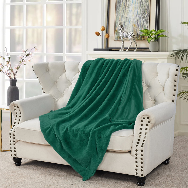 Jeté en fausse fourrure de renard, Bleu sarcelle / vert, L 60 po x L 80 po