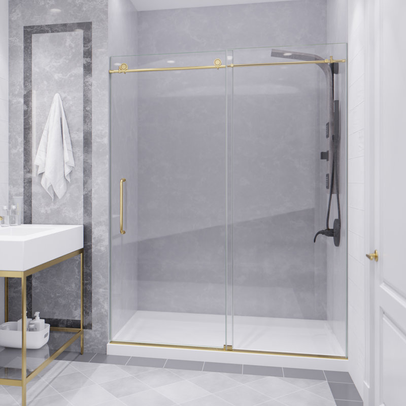 60'' - W x 76'' H Single Added Door Frameless Shower Door with, Brushed Gold