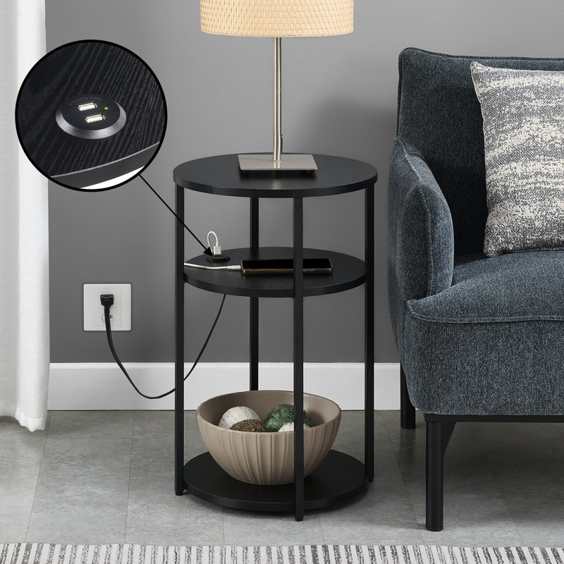 Table de bout Ramos avec USB intégré, Noir, noir, noir, noir