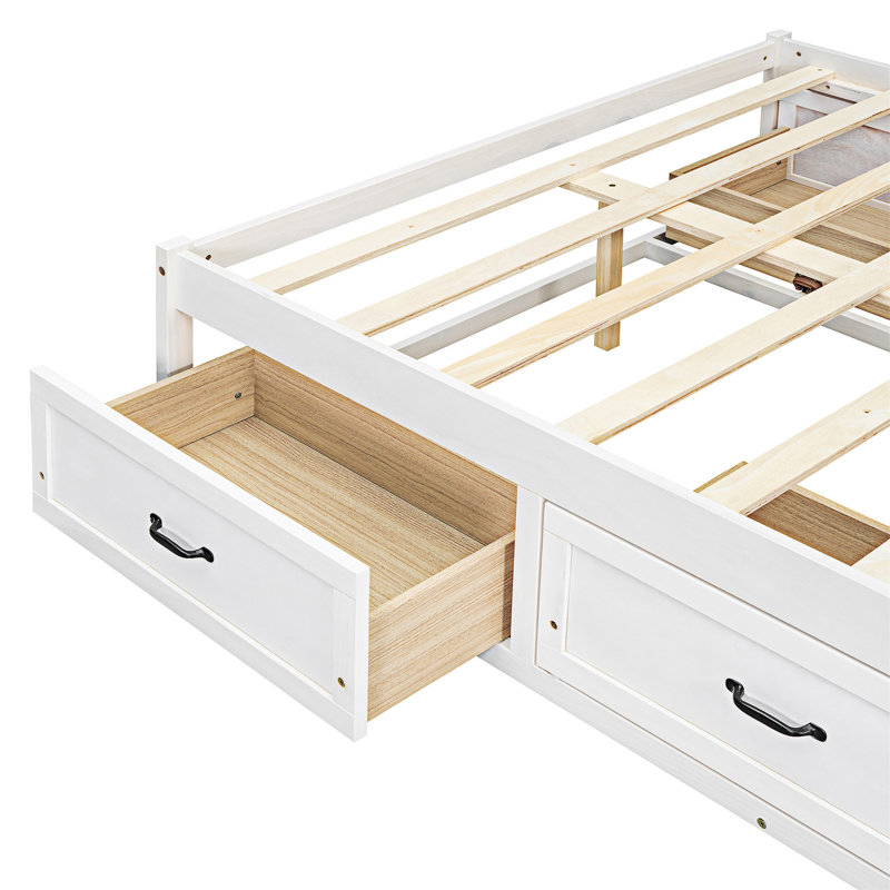 Lit plateforme 6 tiroirs avec rangement, Grand lit, Blanc antique