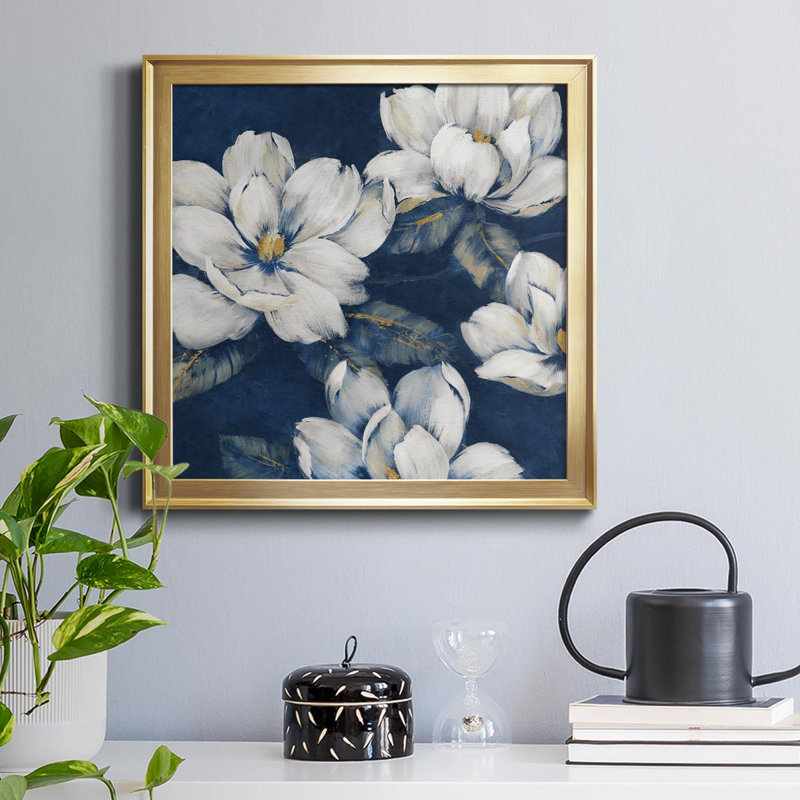 Magnolias Indigo - Single Picture Frame Painting on Canvas, 32" H x 32" W x 1" D, Gold