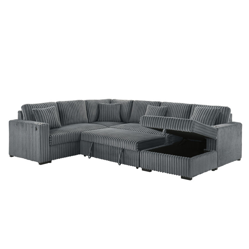 Canapé modulaire en U avec lit escamotable et méridienne de rangement en velours côtelé, Velours côtelé gris