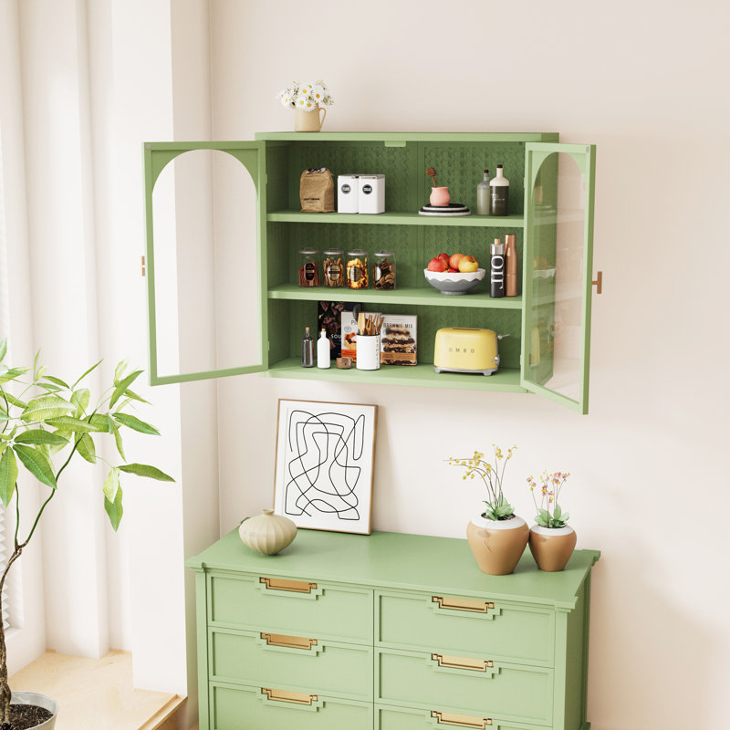 Glass Doors Modern Two-Door Wall Cabinet With Featuring Three-Tier Storage, Green