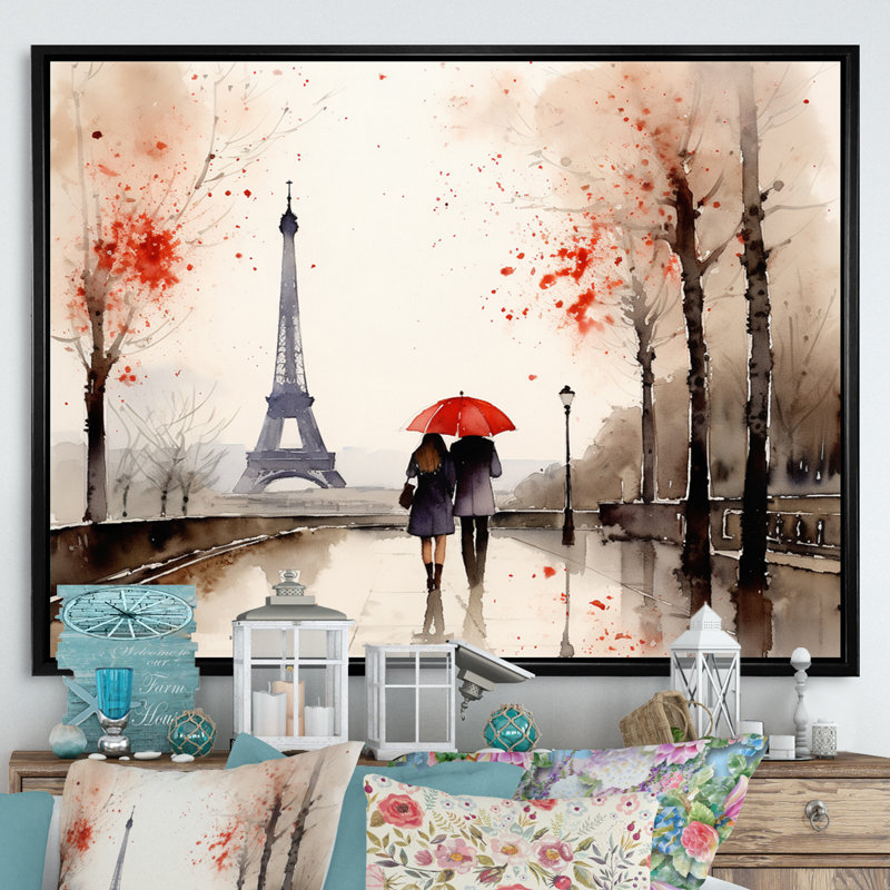 «Paris Eiffel Tower Passion», aquarelle rétro sur toile, H 34 po x l 44 po, Cadre flottant noir